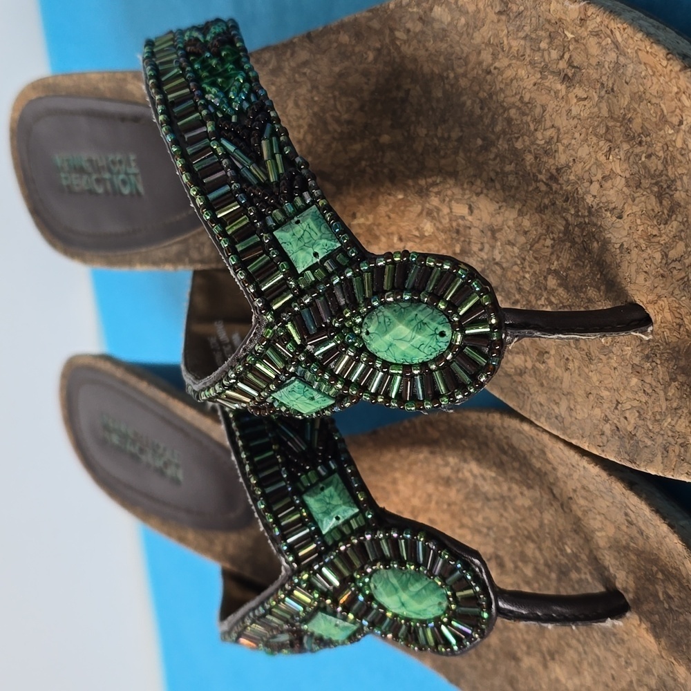 Kenneth Cole Reaction Turquoise Beaded Woven Cork Wedge Thong Sandals Shoes - Picture 3 of 11